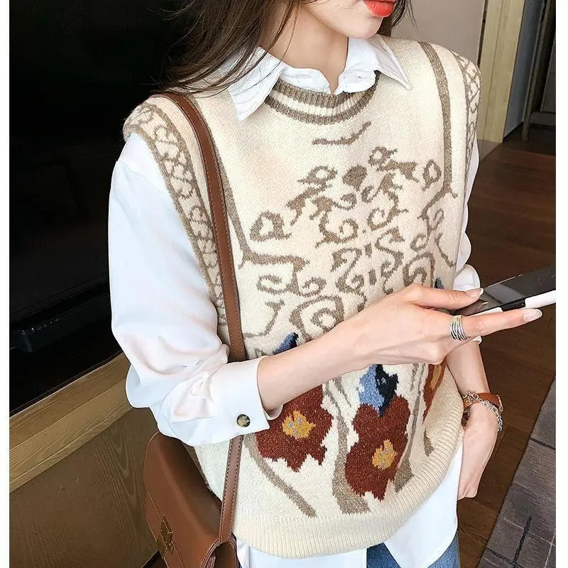 Vintage Print Spring Autumn 2022 Women Korean Style Knitted Sweater Vest Casual O Neck Sleeveless All-match Female Outerwear 3XL