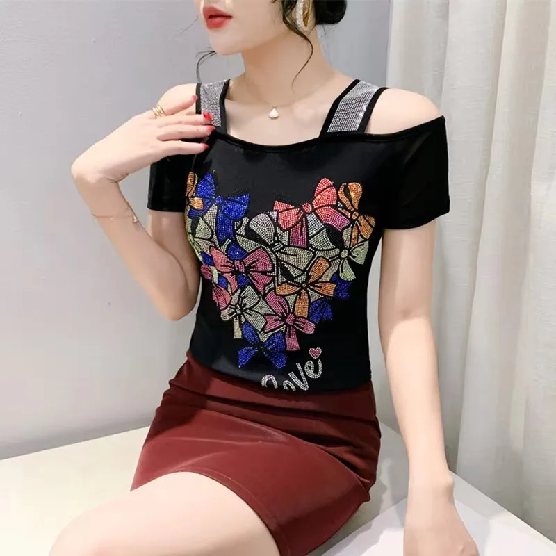 New Summer Short Sleeved Women's Flower Mesh T-Shirts High Quality Sexy Off Shoulder Shiny Diamonds Tops Blouss Tees Shirt