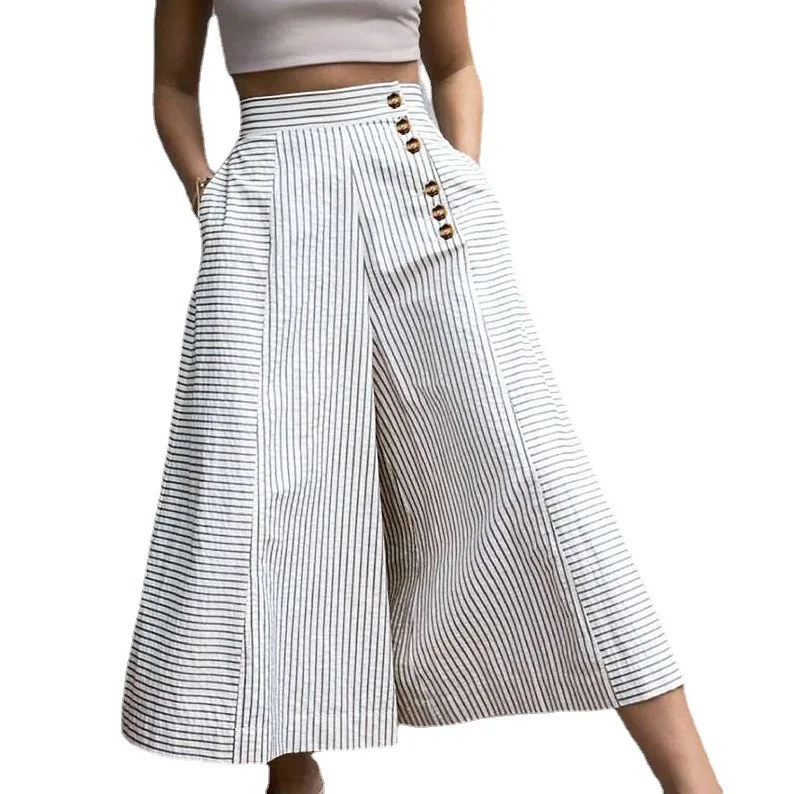 Faionable High Waist Striped Wide Leg Casual Pants Loose Fit Button up Comfortable Women's Summer Thin Material Long Trousers