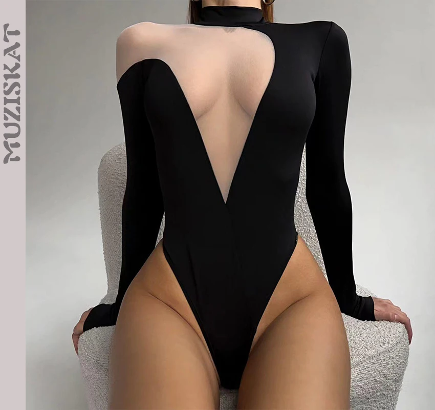 MUZISKAT 2024 Spring Fashion New Irregular Sexy Deep V See-Through Mesh Splicing Long-Sleeved Jumpsuit Can Be Worn Outside