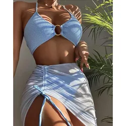 3-częściowy Bikini z wysokim stanem kostiumy kąpielowe dla kobiet na brzuchu Crop Top Push Up strój kąpielowy