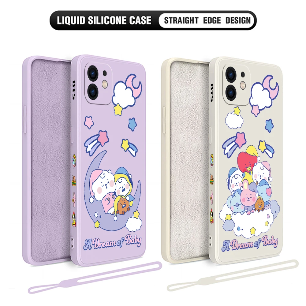 Cute Anime Phone Case For iPhone 15 14 13 12 11 Pro Max Mini X XR XSMAX 8 7 6S Plus Soft Silicone Cover With Hand Strap B-BTS