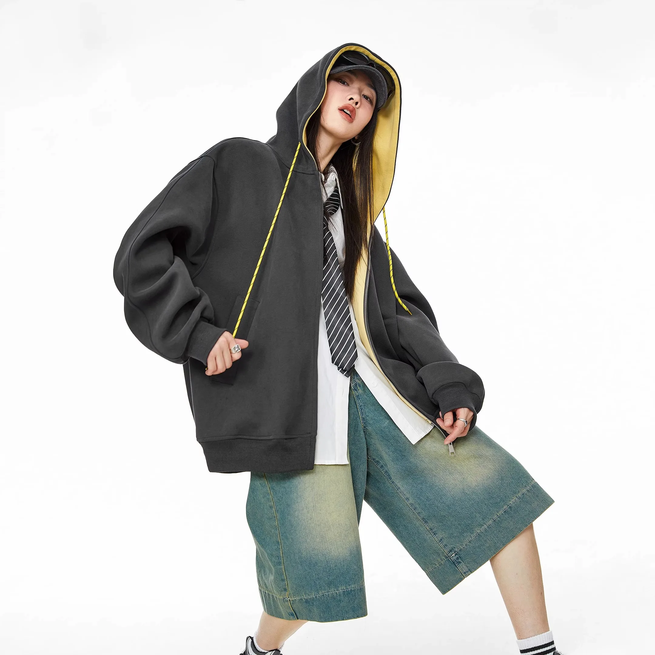 Retro Zipper Hooded Sweatshirt American Contrast Color Basic Student Style Loose Long Sleeve Versatile Spring Autumn Cardigan