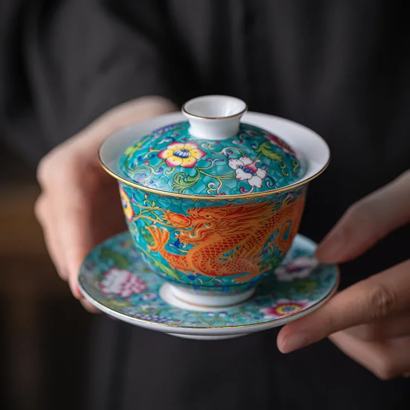 Tea Tureen Elegant Chinese Gaiwan Ceramic Dragon Hand-Painted Tea Set Color Enamel Tea Bowl with Saucer Kung Fu Tea Cup