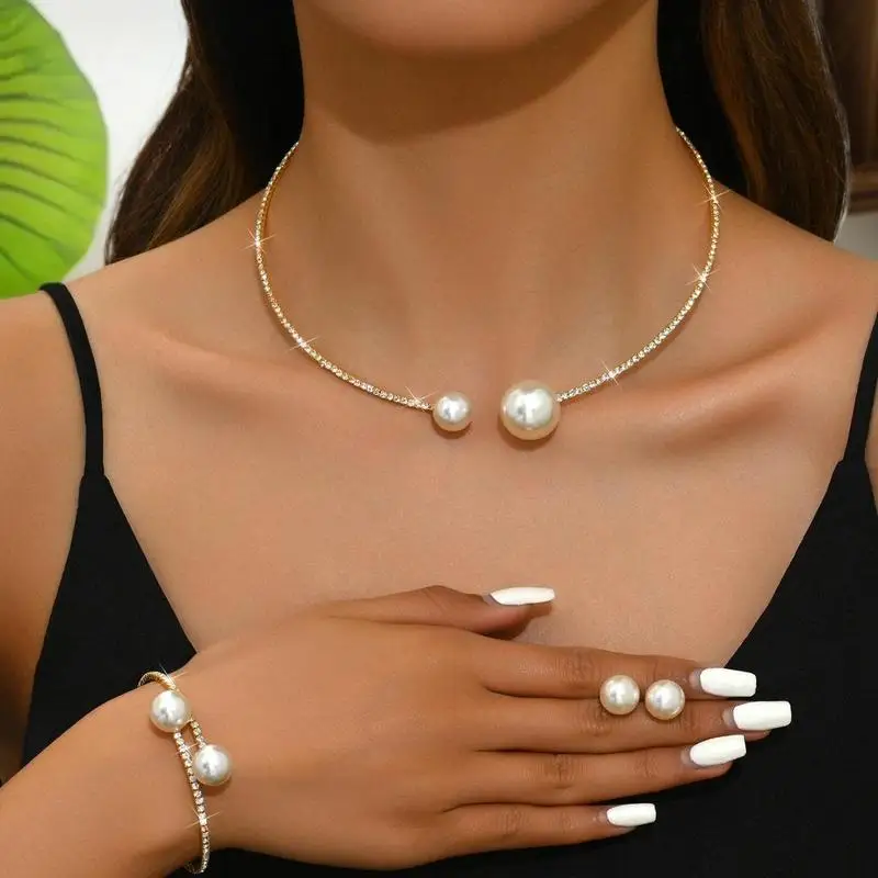 魅力的な 2 ピースの女性用パール ラインストーン ネックレスとブレスレット セット、結婚式のパーティーやギフトに最適です。