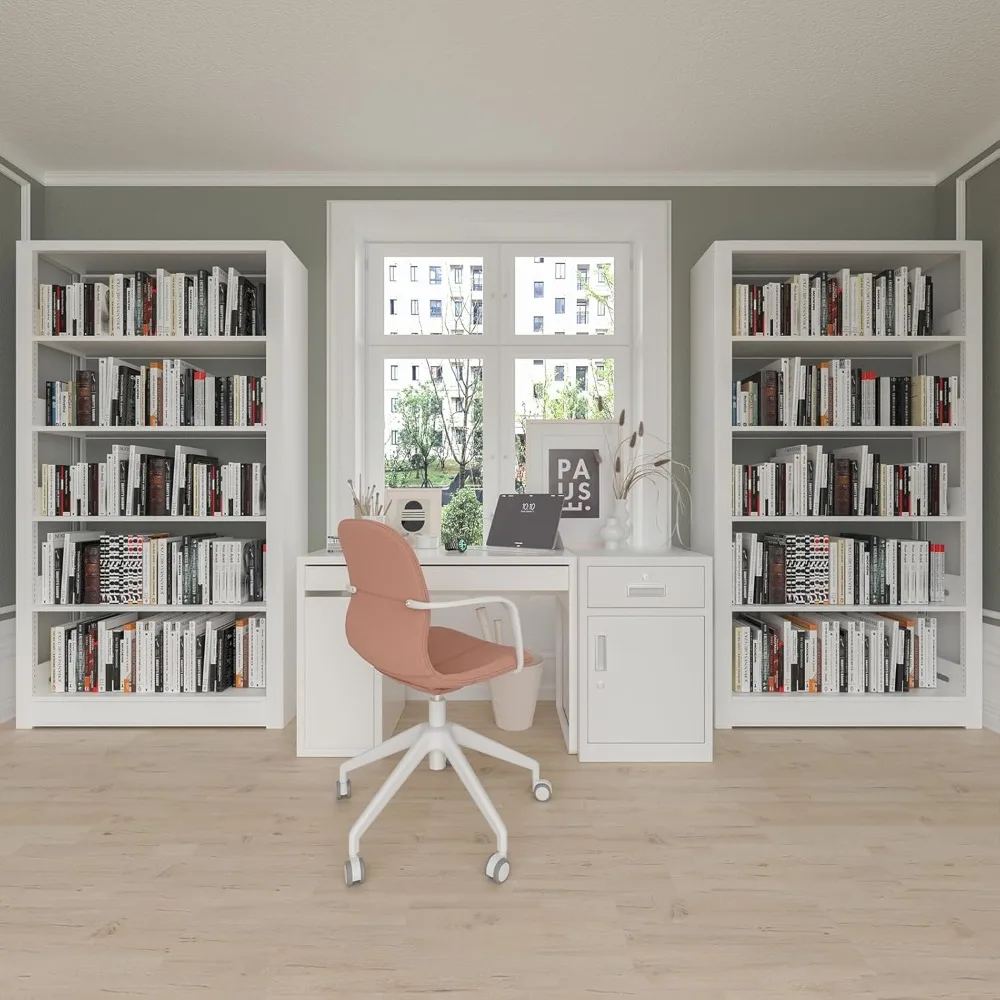 رف كتب من 5 طبقات، رف كتب أبيض مع أرفف تخزين قابلة للتعديل، رف كتب معدني، خزانة كتب بطول 69 بوصة لغرفة المعيشة، المكتبة، #6