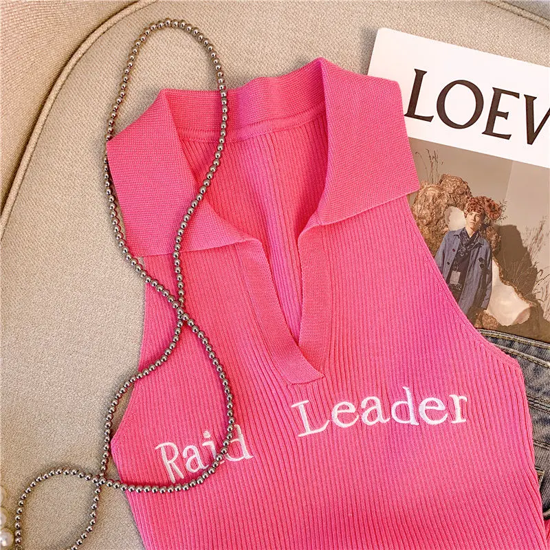 Korean Rose Red Polo Collar Sleeveless Knitted Suspender Vest Letter Women\'s Summer New Slim Simple V-neck Short Top