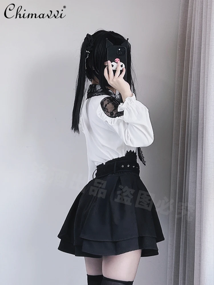 Japanische Mine Serie Massen produktion rot und weiß Hemd Herbst Frauen Orgel plissiert lang ärmel ige Lolita Hemd Riemen Rock Set