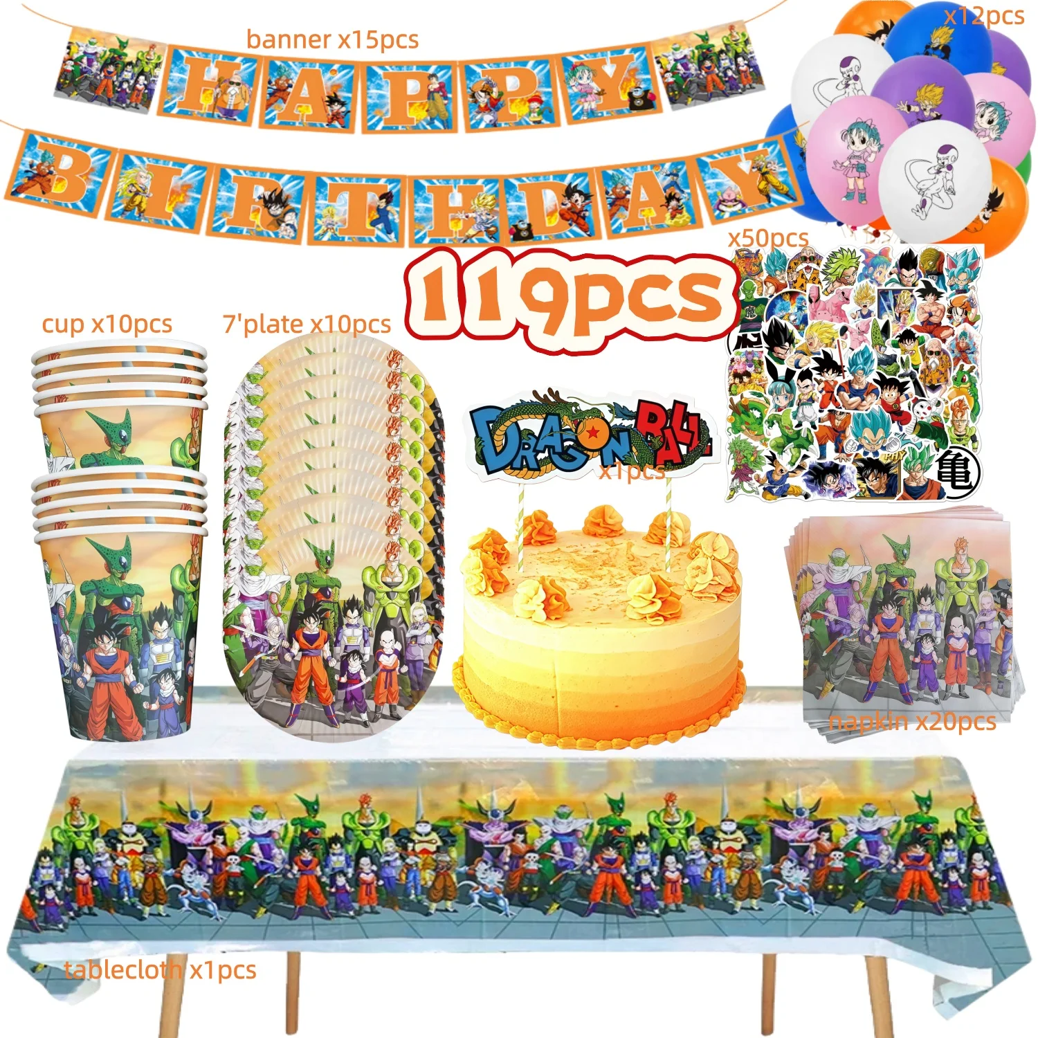 Dragon Ball Party Geburtstagsdekoration Partyzubehör Tischdecke Becher Teller Servietten Ballons Geschenktüten Einweggeschirr Babyparty