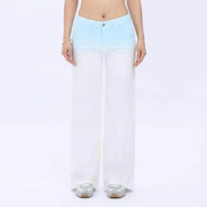 

Vintage Mid Low Waist Blue Gradient Blue White Jeans for Women Washed Straight Wide Leg Denim Pants Y2k Streetwear