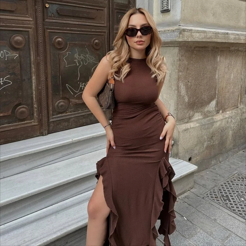 

Летнее модное женское платье с рюшами и разрезом, облегающее, с круглым вырезом, для создания образа «горячей девушки», с завышенной талией, длинная юбка без рукавов, А-силуэт, из полиэстера, размер M