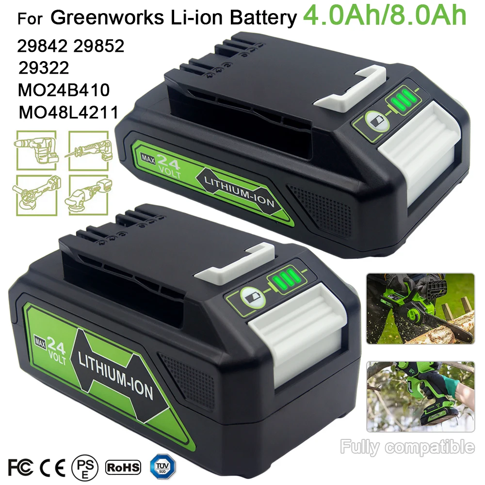 24V 8.0/4.0Ah Lithium-ion Replacement Battery G24B2 for Greenworks ALL devices of 24V tools 29842 29852 BAG708 29322 21342