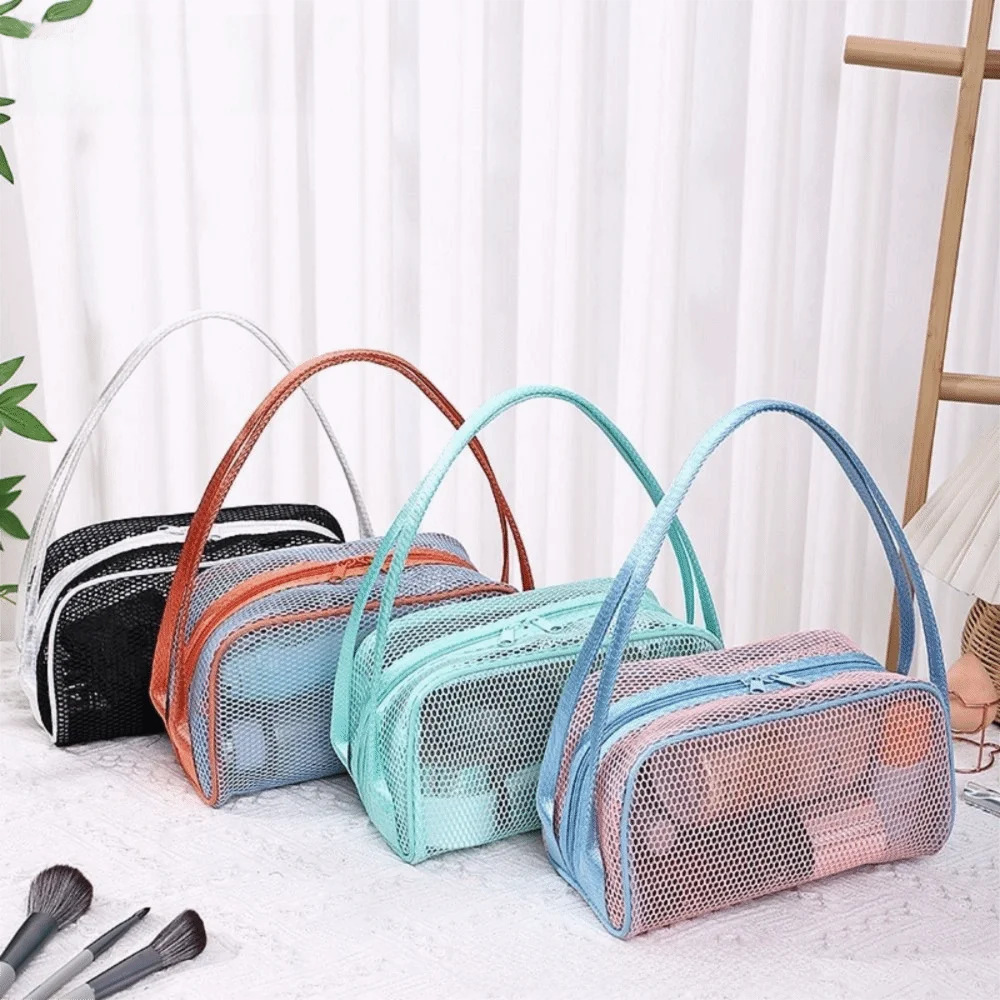 

High Quality with Handle Travel Makeup Bag Mesh Large Capacity Cosmetic Bag Candy Color Polyester Storage Bag