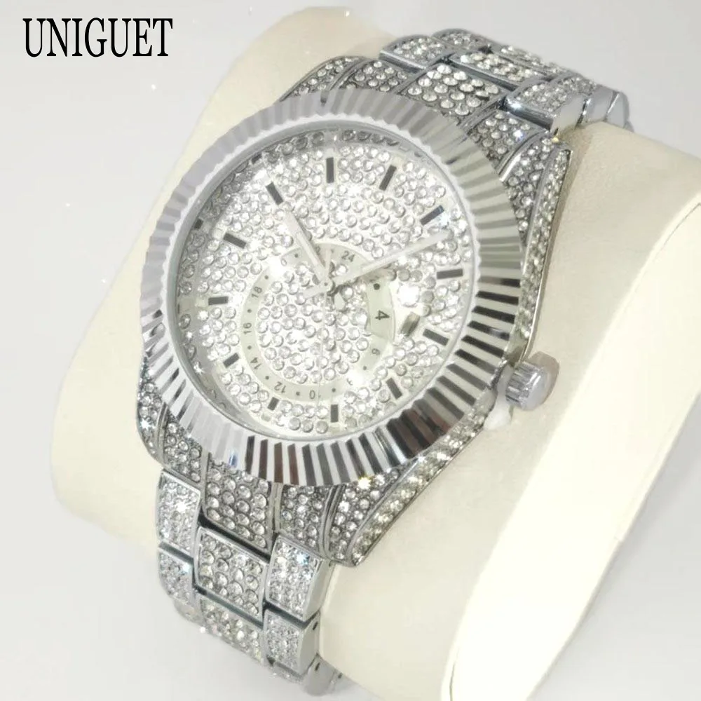 Fashion Ice Watches Men Brand UNIGUET Luxury Stainless Steel Hip Hop Diamond Bling Jewelry Quartz Wristwatch Male Dropshipping