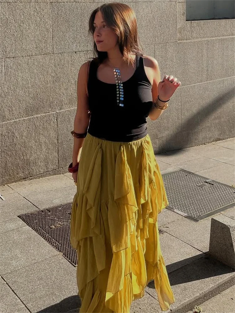 Autumn Ruffled Tassel Long Skirt Women's High Waist Patchwork Slim Commute Solid Casual Streetwear Female Sexy Maxi Skirt