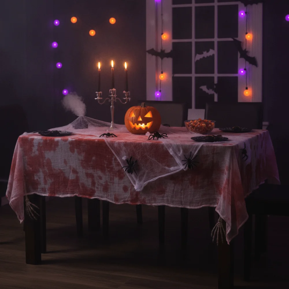Spooky Gauze Halloween Bloodstain Tablecloth Realistic Rectangular Bloody Table Cover DIY Large Size Bloody Window Curtain Stair