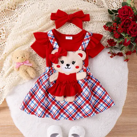 Suefunskry Baby Girls 4th of July Outfits Short Sleeve Ruffle Romper Plaid Suspender Skirt Headband Sets