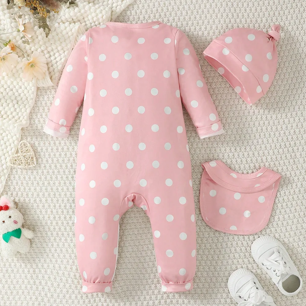 0-18 Months Newborn Baby Girl 3PCS Jumpsuit Set Long Sleeved Cartoon Print Romper+Hat+Bibs Infant Girl Fashion Cute Party Wear