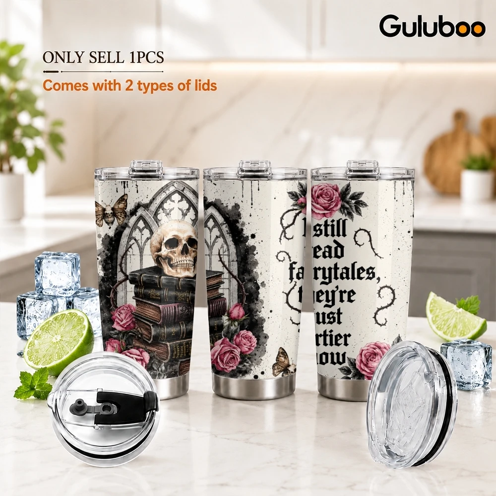 Gothic Roses and Skulls Vacuum Flasks 20oz Stainless Steel Travel Mug with 2 Lids & Reusable Straw Vacuum Insulated Coffee Cup