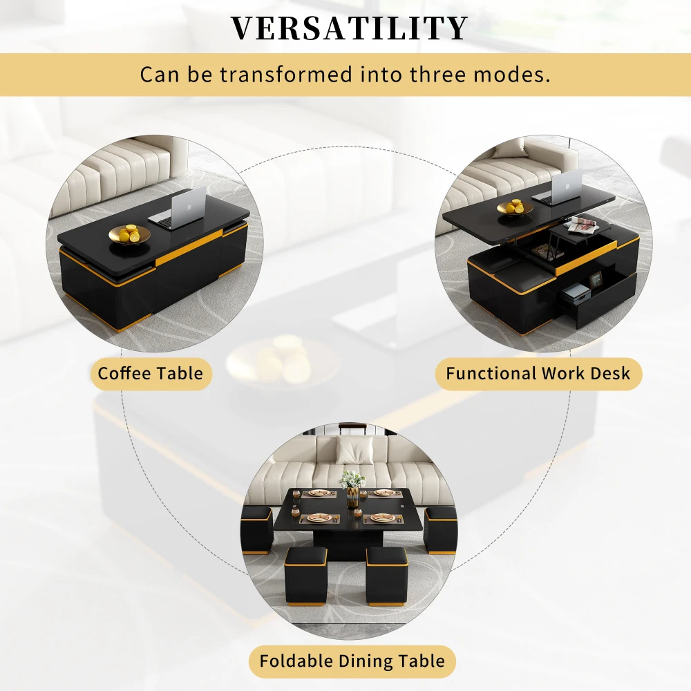 U-Can Lift-Top Coffee Table with 4 Storage Stools Modern Space Saving Center Table with Foldable Top Multi-Functional Adjustable