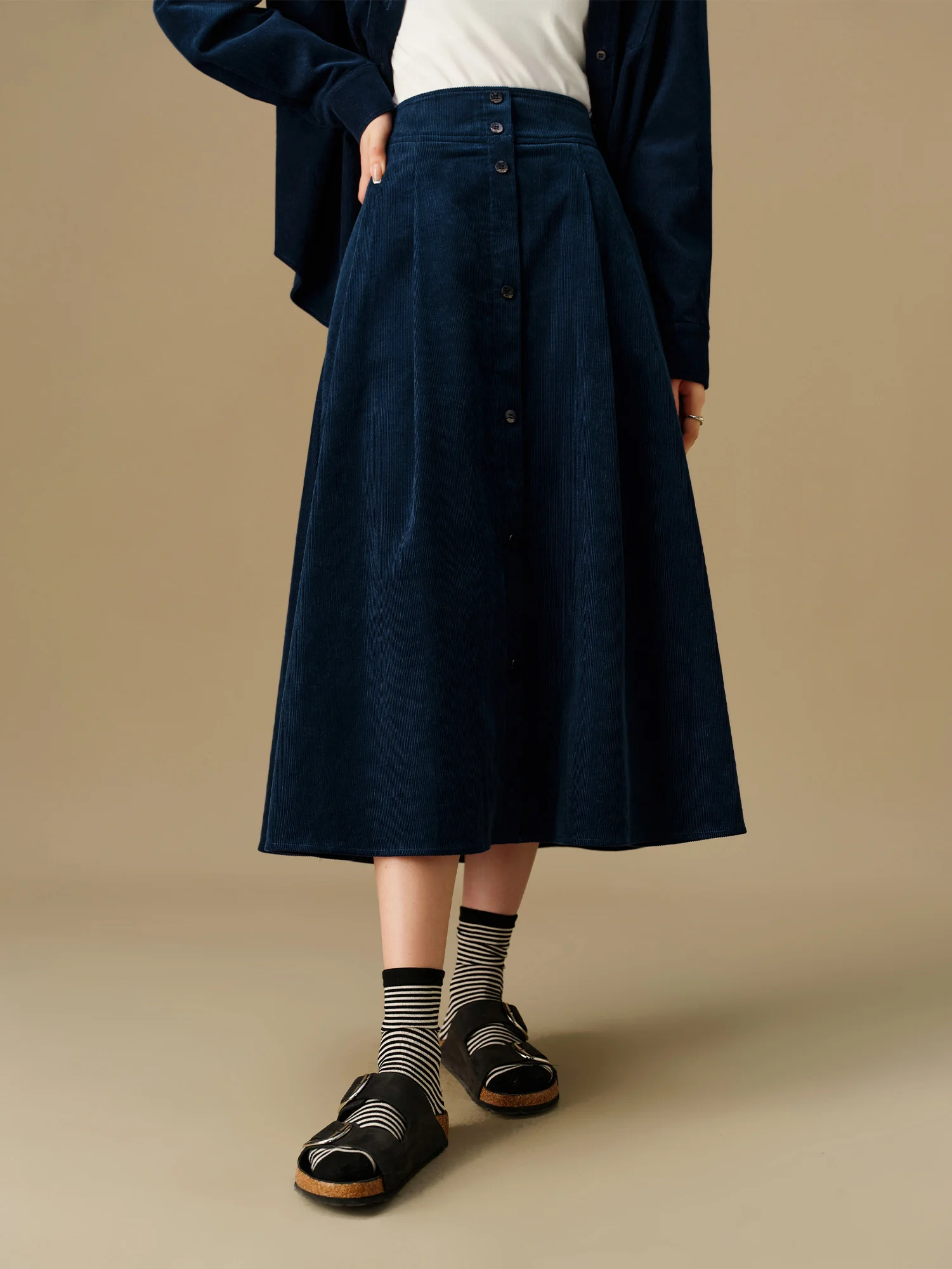 DUSHU Women Corduroy Shirt Skirt Sets Winter Dark Blue Thicken Long Sleeve Blouse Long A-LINE Skirts 24DS84272＋24DS84607