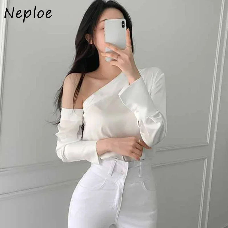 Neploe Irregular One-shoulder Design Sexy Blouses Shirts Women Slim Waist Solid Color Camisas Mujer Temperament Blusas Tops