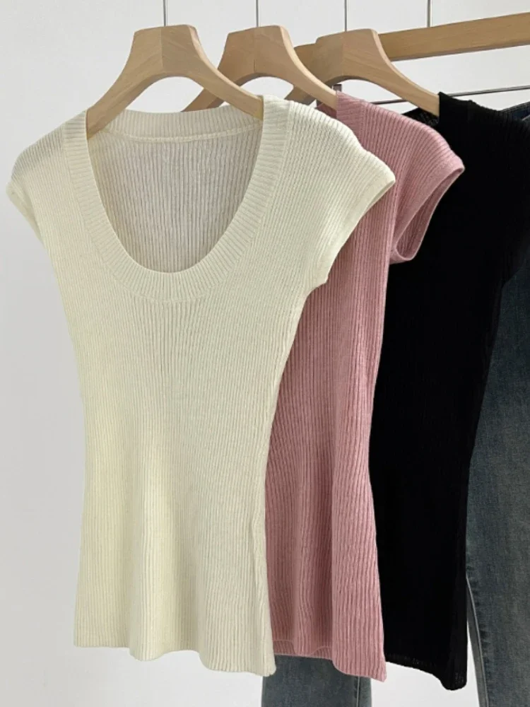 ฤดูร้อน Basic U-คอบาง 2025 เสื้อกันหนาวผู้หญิงหญิงถัก Ribbed เสื้อกันหนาว Slim แขนสั้นเสื้อกันหนาว
