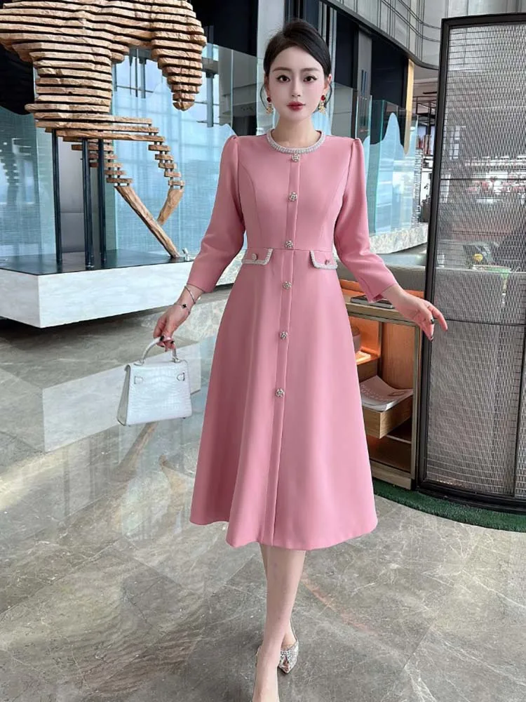 ZJYT Autumn Designer Beading Elegant Dresses for Women 2024 New Long Sleeve Solid Blue Casual Aline Midi Dress Female Vestidos