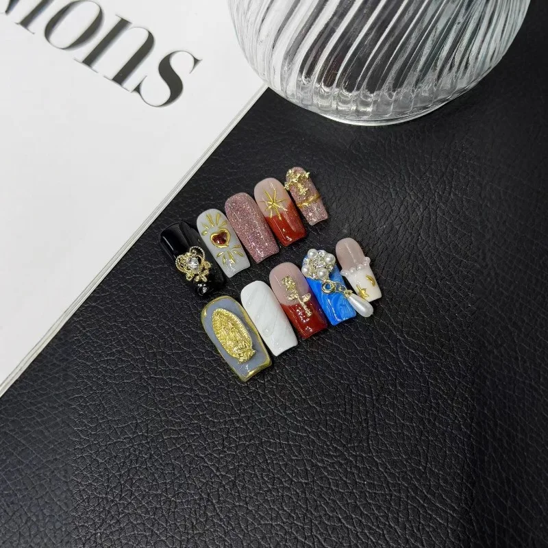 

10 шт., сверхмощные цветущие ногти ручной работы, 3D роскошные накладные ногти с позолоченными бриллиантами, элитные европейские и американские накладные ногти для женщин