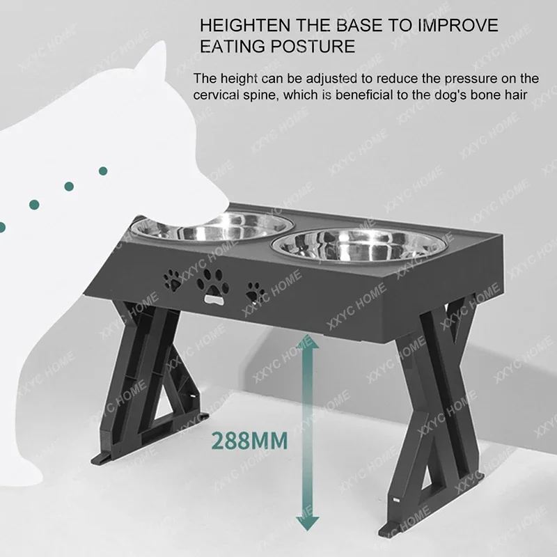Raised Pet Bowl Stainless Steel Double Bowls Stand Non-Slip No Spill Dog Smart Height Adjusts Cervical Protectionto Large Dogs