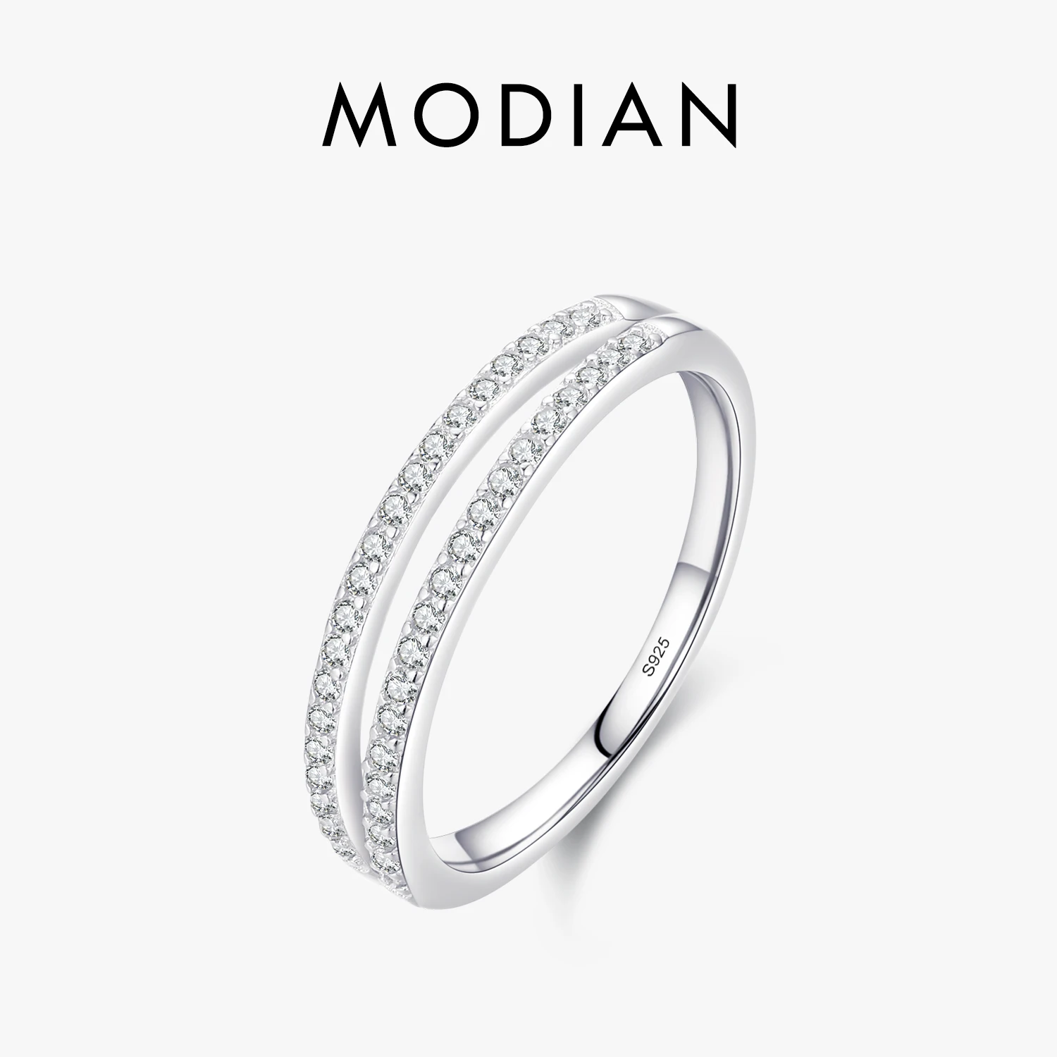 MODIAN 925 Sterling Silver Double Circle Line Simple Clear CZ Eternity Bands Rings For Women Girls Fine Jewelry Accessories