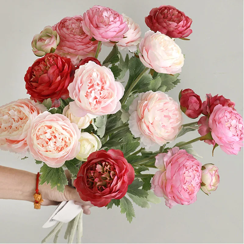 1 PCS Artificial 3 Flower Heads Flamingo Lotus Ranunculus asiaticus Small Peony Silk Flowers Wedding Home Decor Gift