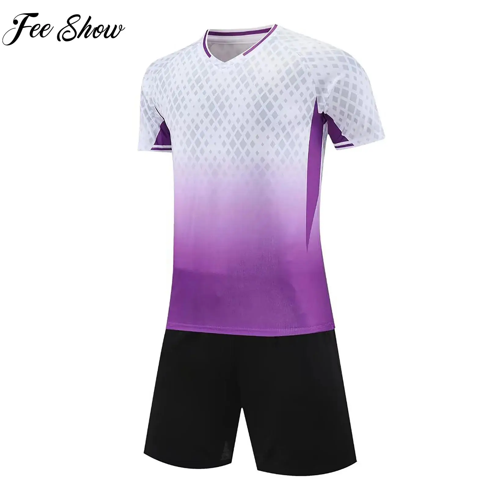 

Boys Breathable Soccer Uniform Football Sports Training Outfit Kids Quickly Dry V-Neck Short Sleeve T-shirt with Pockets Shorts