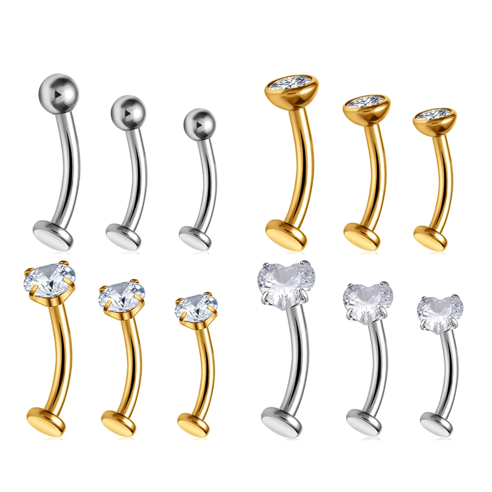 Anneau de nombril incurvé en titane ASTM F136 14G avec cœur en zircon cubique, piercing de nombril à dos plat, barbell, labret, bijou corporel sexy