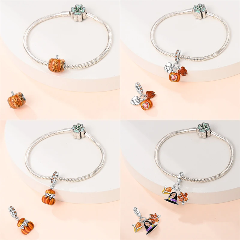 Autumn New 925 Sterling Silver Brown Maple Leaf Pumpkin Bee Charms Bead Fit 3mm 925 Original Bracelets DIY Jewelry Warm Gift