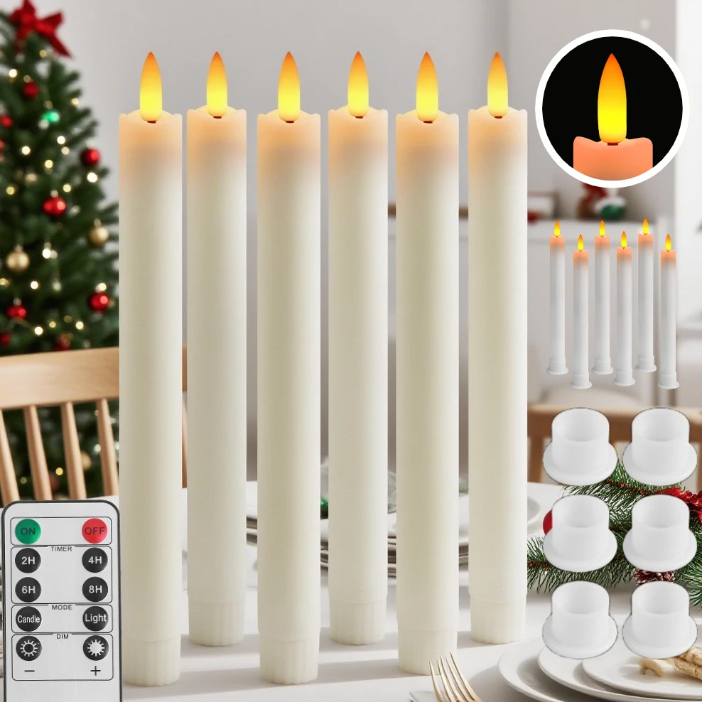 6PCS Flameless Taper LED Candles with Remote Timer 3D-Wick Window Candles Flickering Electronic Long-Lasting Candlesticks
