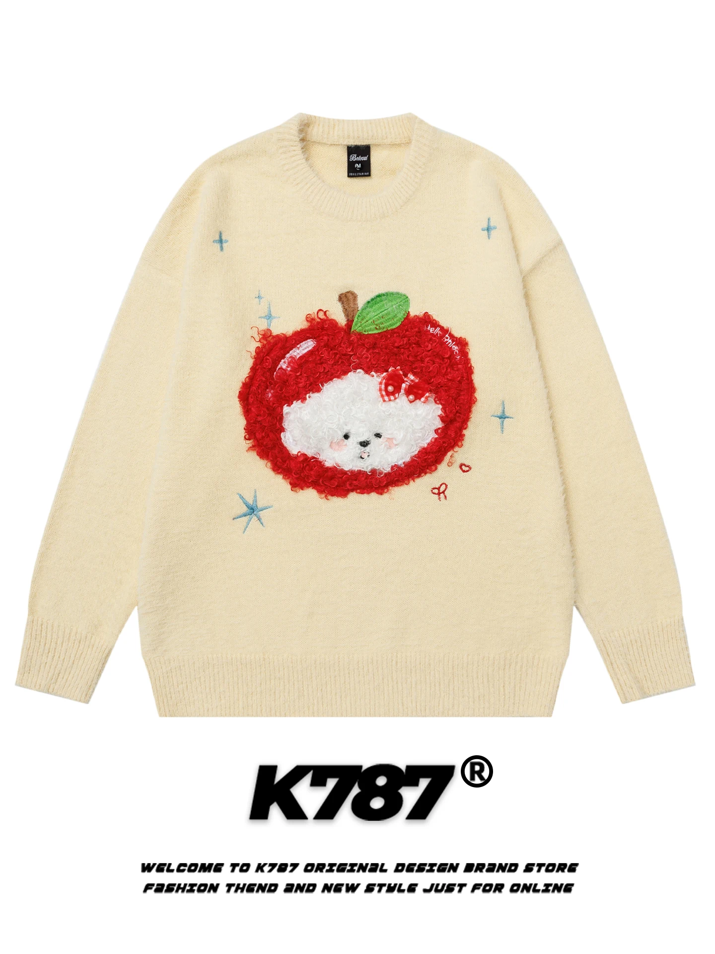 

K787 Американский стиль: милый вязаный свитер унисекс с вышивкой, круглым вырезом, свободного кроя, для пар, осенняя коллекция