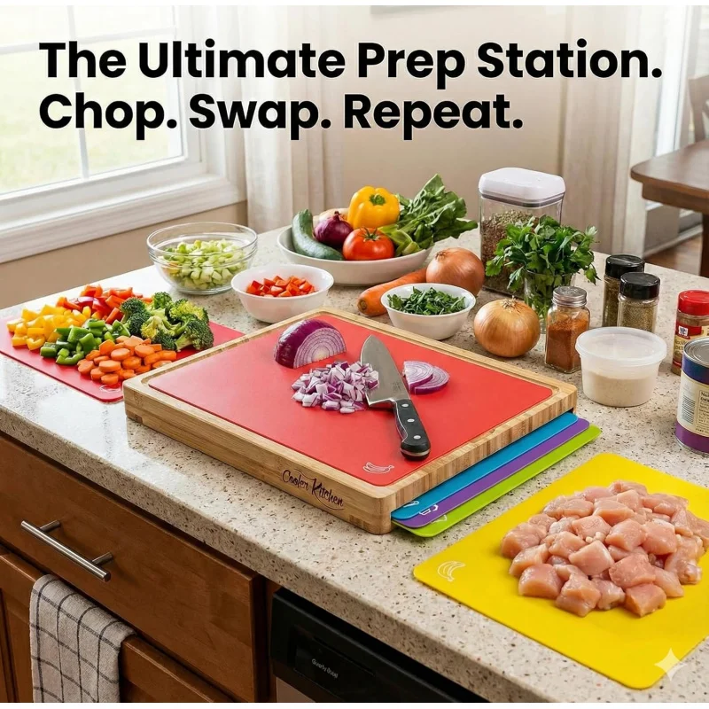 ألواح تقطيع خشبية للمطبخ مع 6 قطع بلاستيكية مرنة - لتحضير وتقديم الوجبات، لوح تقطيع من الخيزران سهل التنظيف