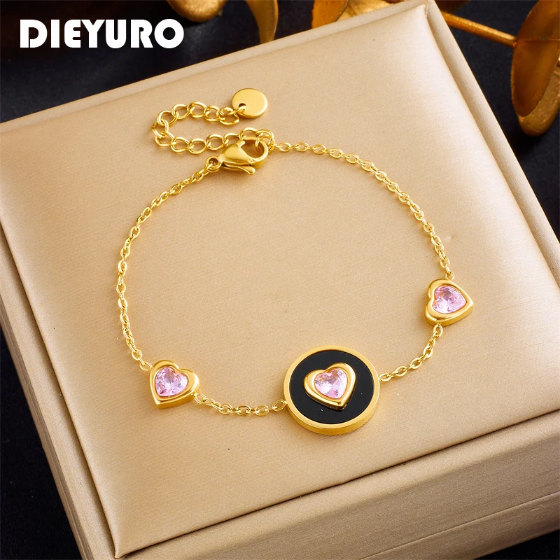 DIEYURO 316L Stainless Steel Heart Pink Zircon Crystal Charm Bracelet For Women Girl Fashion Wrist Chain Jewelry Lady Gift