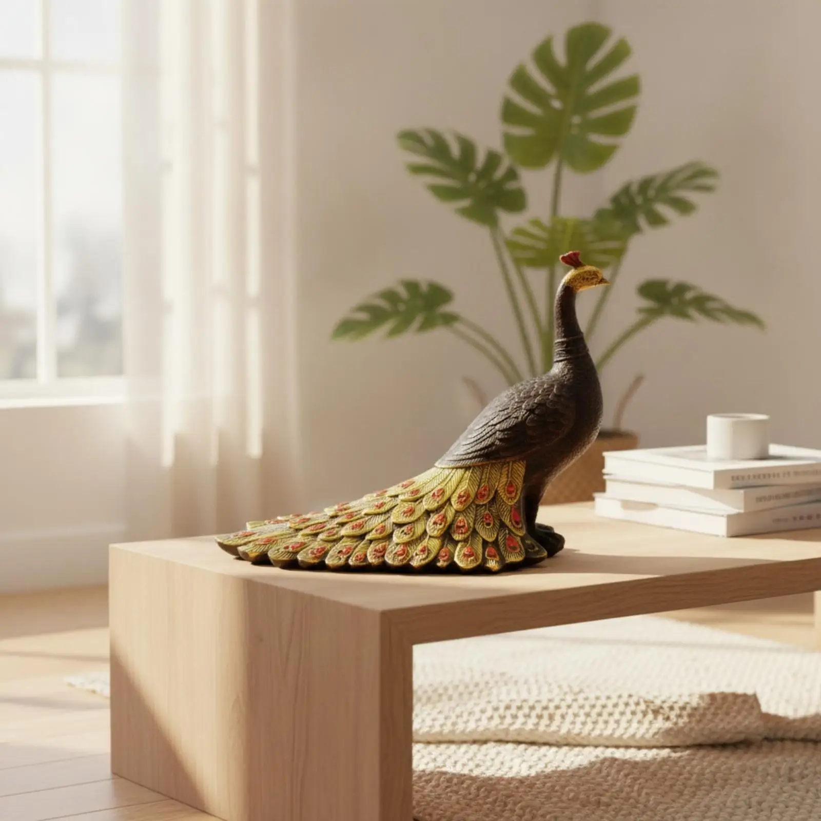 Artistic Bronze Peacock Sculpture Gold Head Tail Metal Bird Decor for TV Stand Living Room Tabletop Gift