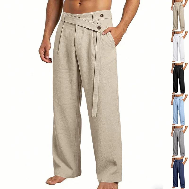 Herren Leinen Freizeithose Italienischer Naples Old Money Stil Lose Gerade Passform, Schräggeschnittene Taille Business Strand Reise Pendlerhose