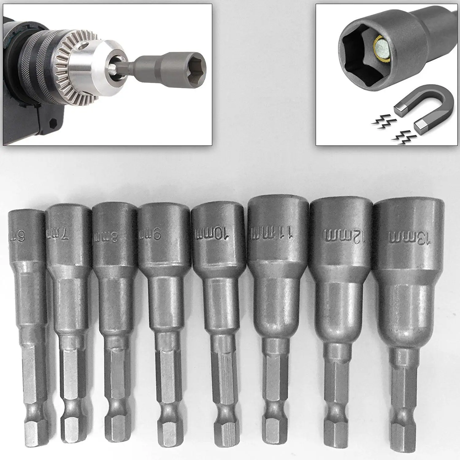 8pcs 1/4 inch Hex Magnetic Nut Driver Socket Set Metric Impact Drill Bits 6 to 13mm Adapter