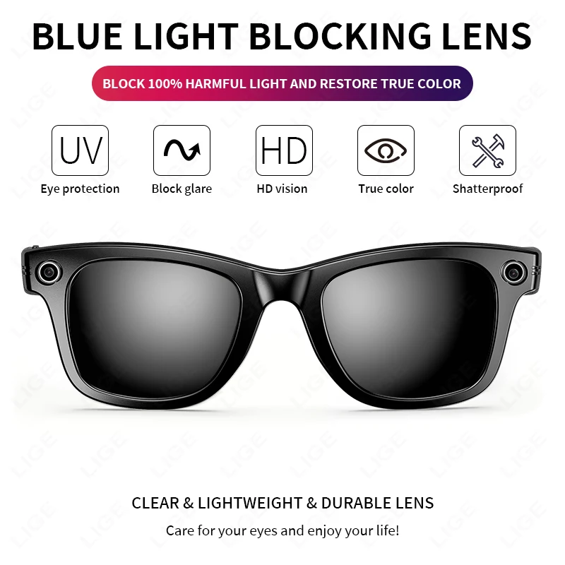 

Smart Glasses Recording Videos AI Photo Recognition Answer Translation 260mAh Large Battery IP65 Waterproof Bluetooth Glasses