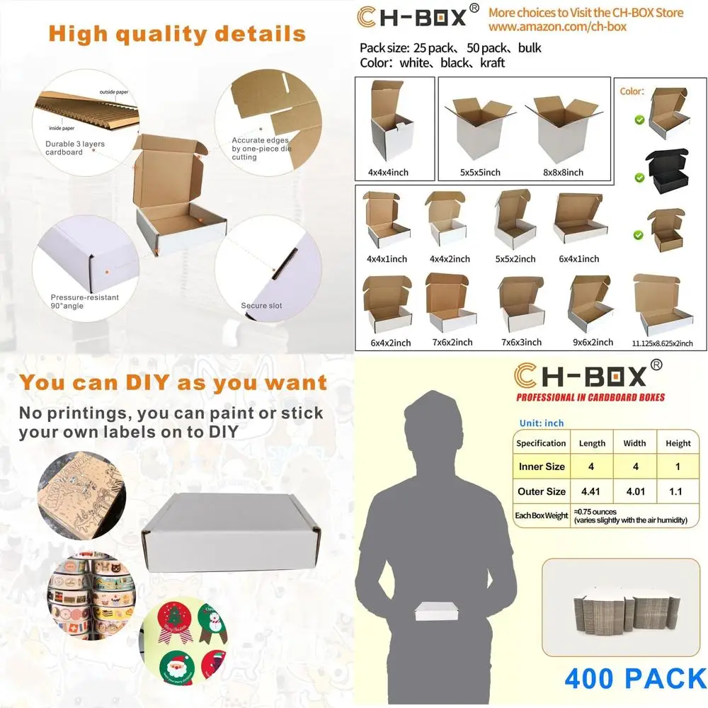 

400 Pack 4x4x1 Inch Small White Cardboard Shipping Boxes for Mailing Business Use