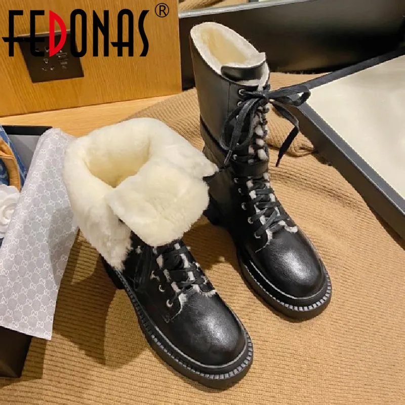 FEDONAS inverno caldo donna stivali a metà polpaccio stivali da moto da neve in lana tacchi spessi scarpe con fibbia in vera pelle donna Casual