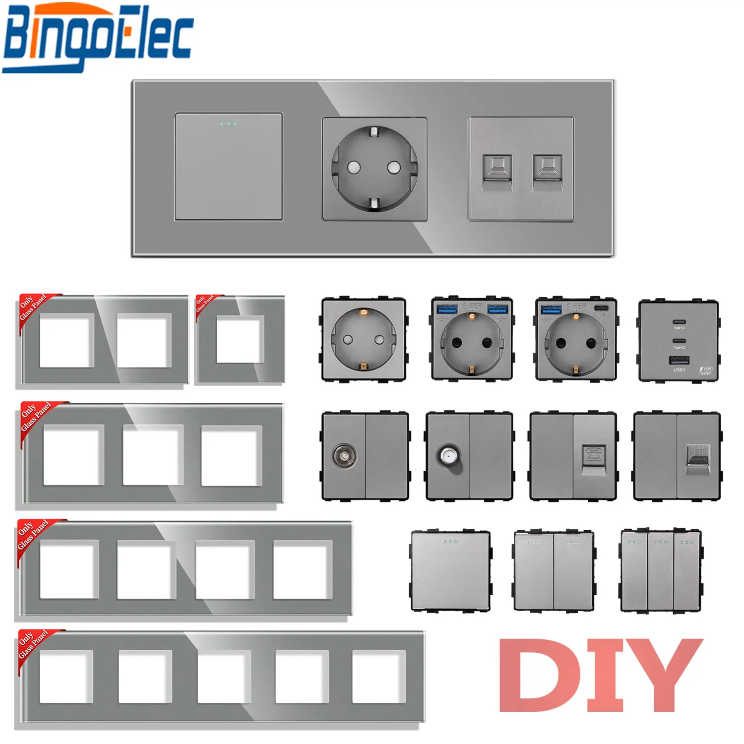 

BINGOELEC EU Wal Socket Mechanical Button Switches With CAT5/TV/ST USB/Type-c Plugs DIY Function Parts Free Combination 220v