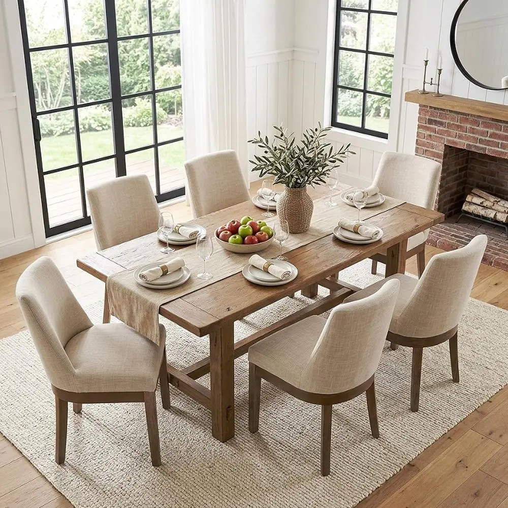 

6-Piece Upholstered Dining Chairs Set with Comfortable Back Support, Linen Fabric, Solid Wood Legs, Suitable for Kitchen or Livi