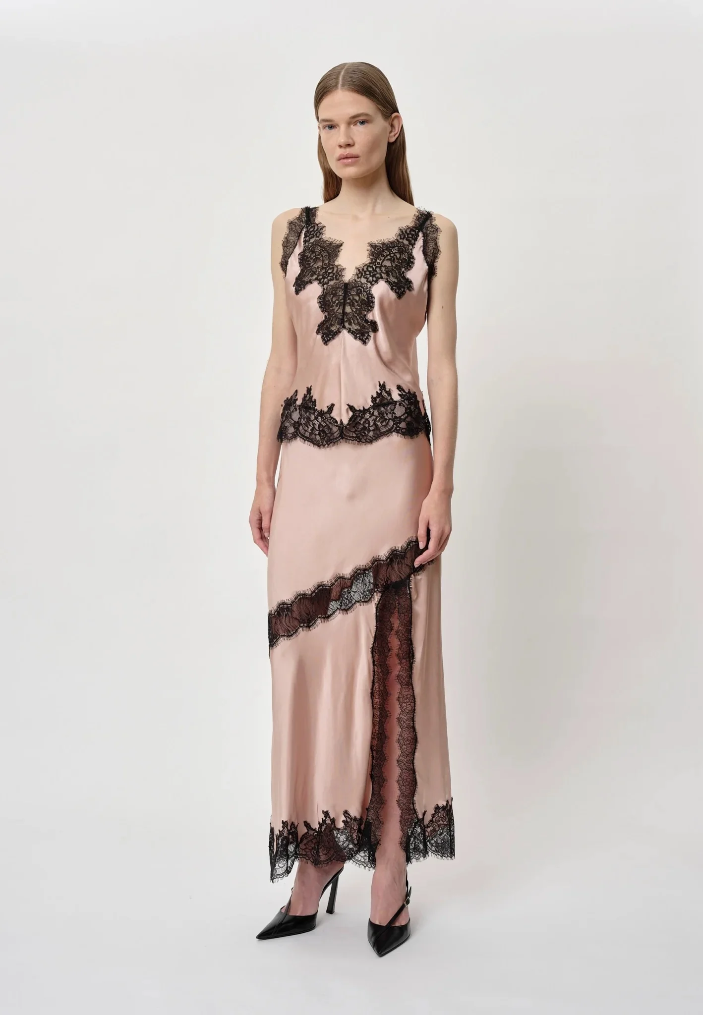 

Women Lace Patchwork Pink Set V-Neck Sleeveless Camisole Top + High Waist Side Split Long Skirt Sexy Female Suits