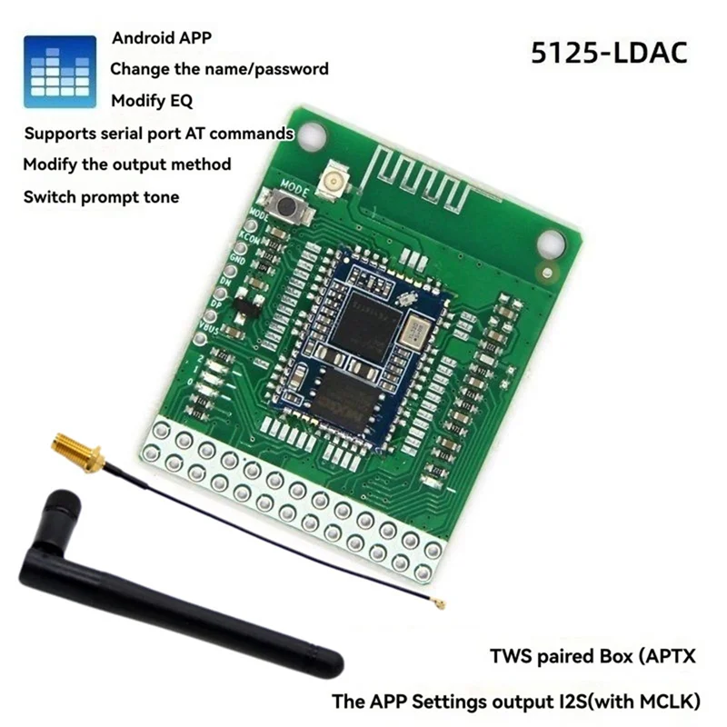 【Sleek Design】QCC5125 Bluetooth 5.1 Stereo Audio Module DC 3.6-5.5V LDAC Lossless I2S Output APTX/APTXLL/APTXHD+Antenna