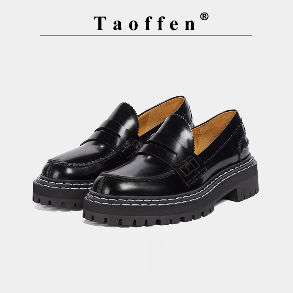 

Taoffen Casual Women's Loafers Genuine Leather Solid Thick Sole Square Heel Metal Buckle Pumps Mature Round Toe Office Shoes